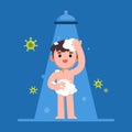 Happy man taking shower in the bathroom, protected from virus, Flat vector illustration Royalty Free Stock Photo