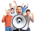 Happy man talking in loud-hailer. Royalty Free Stock Photo