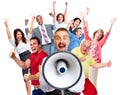 Happy man talking in loud-hailer. Royalty Free Stock Photo