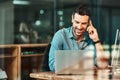 Happy man talking with phone at laptop in office, conversation and communication for online planning. Male worker Royalty Free Stock Photo