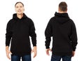 Happy man in template mens black hoodie sweatshirt isolated on white background. Man in blank black sweatshirt hoody with copy