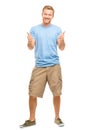 Happy man thumbs up sign full length portrait on white background Royalty Free Stock Photo