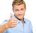 Happy man thumbs up sign full length portrait on white background Royalty Free Stock Photo