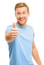 Happy man thumbs up sign full length portrait on white background Royalty Free Stock Photo