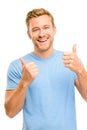 Happy man thumbs up sign full length portrait on white background Royalty Free Stock Photo