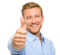 Happy man thumbs up sign full length portrait on white background Royalty Free Stock Photo