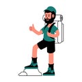 Happy man tourist hiker with beard wearing cap with backpack give the thumbs up. Concept lifestyle outdoor activity