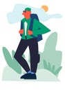 Happy man tourists walking with bags. Colored flat vector illustration