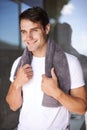 Happy man, towel and hygiene with satisfaction for grooming or morning freshness by window at home. Handsome, young male Royalty Free Stock Photo