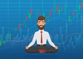 Happy man trader meditating under rising crypto or stock market exchange chart. Business trader, finance stock market