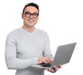 Happy man using laptop on white background Royalty Free Stock Photo