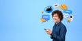 Happy man using smartphone for robot communication. Copy space