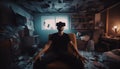 Happy man in virtual reality glasses in a mess in a room at home, Video game addiction, virtual life concept, blurred