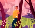 Happy man walking in abstract magic forest scene