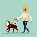 Happy man walking with his dog. vector cartoon illustration