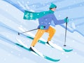 Happy man in warm clothes skiing vector flat illustration. Young sportsman riding downhill