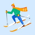 Happy man in warm clothes skiing vector flat illustration. Young sportsman riding downhill