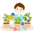 Happy man watering plants cartoon