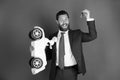 Happy man wearing suit with white toy car, keys Royalty Free Stock Photo