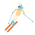 Happy man in winter outerwear skiing down slope. Guy on skis or sportsman taking part in freeride, downhill or slalom