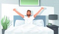 Happy man woke up and stretches in bed. Good morning. Awakening. Wake up. Vector illustration