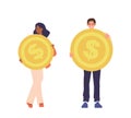 Happy man and woman characters holding golden dollar coin isolated set with concept of earning money Royalty Free Stock Photo