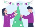 Happy man and woman decorate the Christmas tree. Illustration for a postcard or poster. Flat illustration