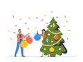 Happy Man and Woman Decorating Christmas Tree Put Balls on Branches. Male and Female Characters Preparing for New Year Royalty Free Stock Photo