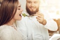 Happy man and woman have lunch in a restaurant Royalty Free Stock Photo