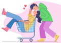 Happy man and woman having fun and riding on shopping cart in supermarket feeling playful vector illustration Royalty Free Stock Photo