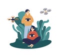 Happy man and woman hold remote control of quadcopter vector flat illustration. Couple hide in bushes with drone device