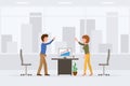 Happy man and woman indoor working place vector illustration. Workers giving high five boy and girl character Royalty Free Stock Photo