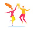Happy man and woman jumping with a trophy cup in celebration. Joyful characters celebrating a victory or success
