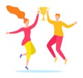 Happy man woman jumping trophy cup celebration. Joyful characters celebrating victory success Royalty Free Stock Photo