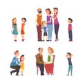 Happy Man and Woman with Kid and Grandparents with Grandson Standing Together Vector Set