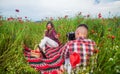 happy man and woman in love enjoy spring weather. happy relations. girl and guy photographing. romantic couple drink Royalty Free Stock Photo