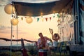 Happy Man and woman next campers having fun  during a trip Royalty Free Stock Photo