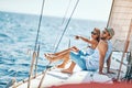 Happy man and woman relaxing on a luxury yacht. couple on cruise Royalty Free Stock Photo