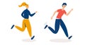 Happy man and woman running together in bright sports clothes. Sport activity healthy lifestyle. Flat vector cartoon illustration