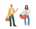 Happy man and woman shopper character with product basket enjoying shopping time on weekend