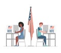 Man and woman sitting at voting stands, fill casting ballots, voting, and choosing candidates vector flat illustration.