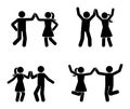 Happy man and woman stick figure dancing together. Black and white couple enjoy party icon.