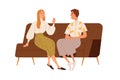 Happy man and woman talking, sitting on sofa. Love couple chatting, flirting, relaxing on couch. People, colleagues