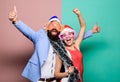 Happy man and woman wear santa hats and funny sunglasses. Christmas party office. Manager tinsel celebrate new year Royalty Free Stock Photo