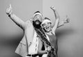 Happy man and woman wear santa hats and funny sunglasses. Christmas party office. Manager tinsel celebrate new year Royalty Free Stock Photo