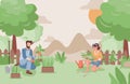 Happy man and woman working in the garden in summer vector flat illustration. Farmers or gardeners planting trees.