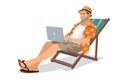 Happy man working with laptop sitting in the beach chair.Business trip. Summer vacation Royalty Free Stock Photo