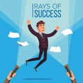 Happy Manager, Businessman Vector. Jumping On The Workplace. Rays Of Success Concept. Flashlight And Hand. Flat Royalty Free Stock Photo