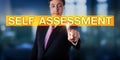 Happy Manager Pressing SELF ASSESSMENT Royalty Free Stock Photo