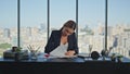 Happy manager signing papers deal in office. Smiling businesswoman look camera Royalty Free Stock Photo